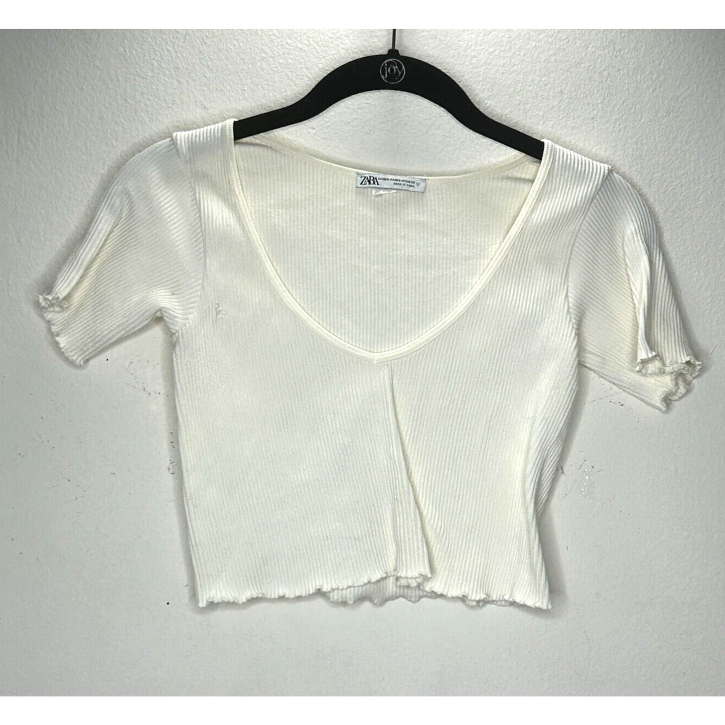 Zara Cream Ribbed Scoop Neck Top Short Sleeve Lettuce Hem Sleeves & Bottom XS