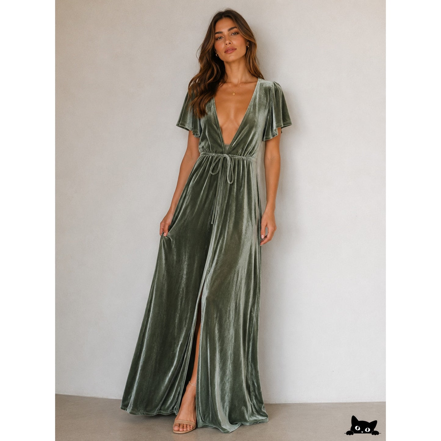 Baltic Born Light Sage Green Velour Short Flutter Sleeve Maxi Wrap Dress XS