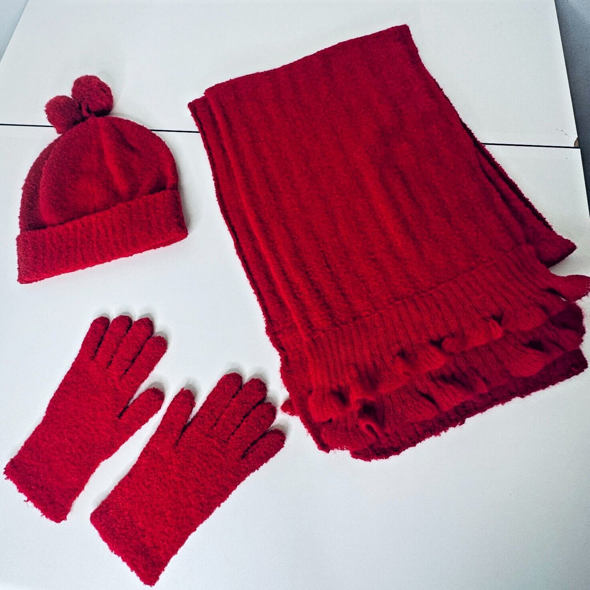 NWOT Moda Intl Cute Red Ribbed Winter Hat Scarf and Gloves Set Pom Poms OS