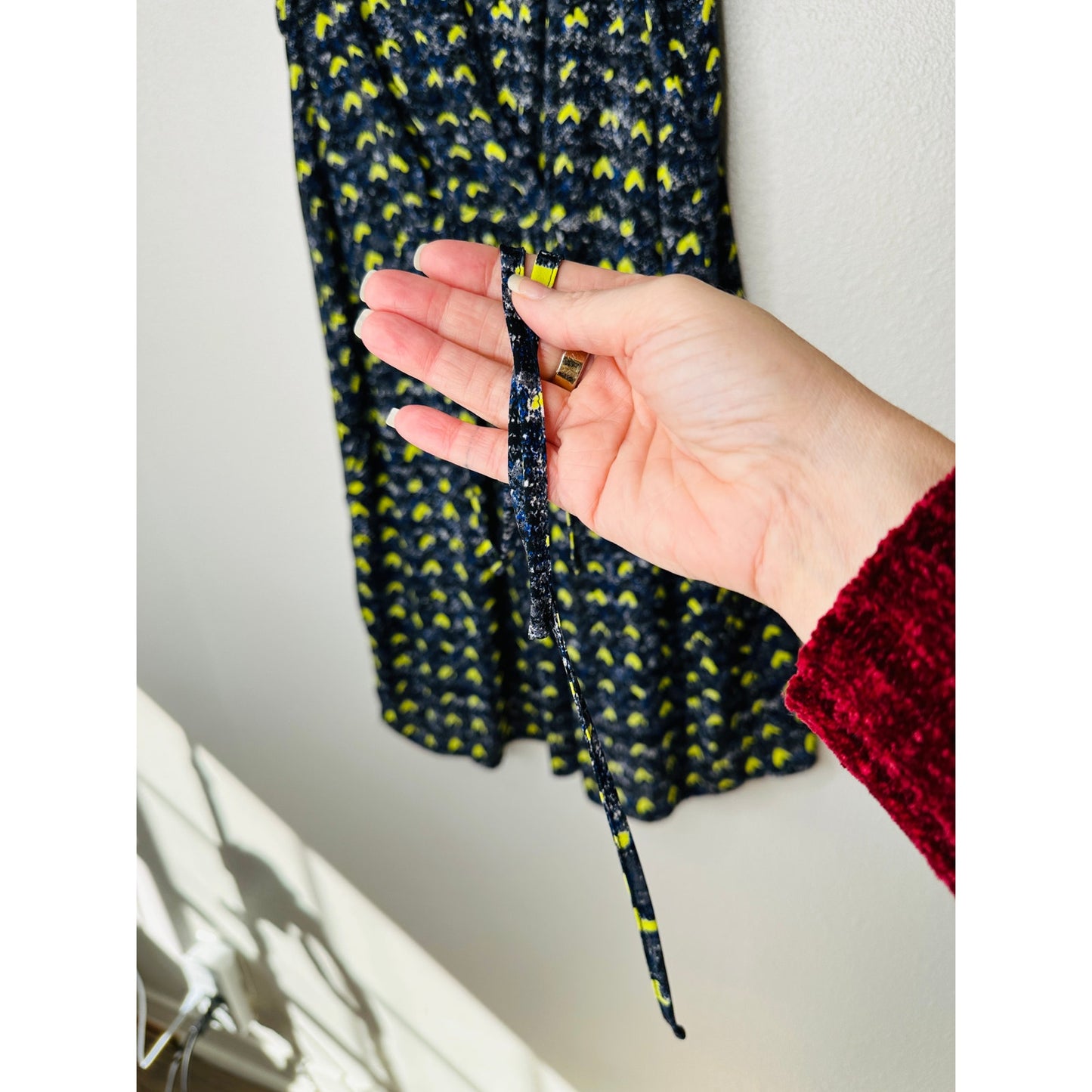 Aqua Florescent Yellow Blue Gray Print Faux Wrap Dress XS