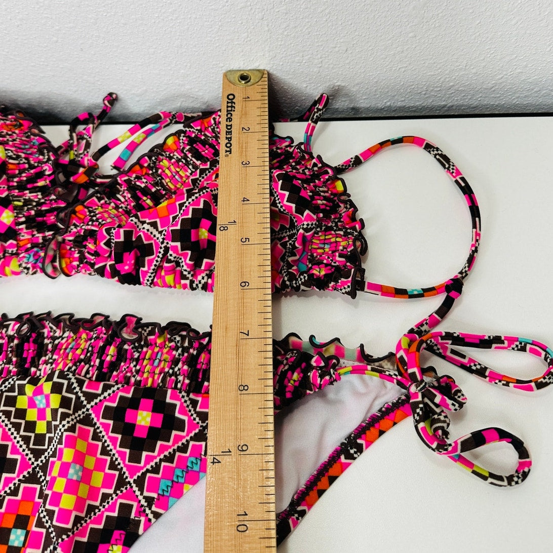 BIllabong Brown Pink Yellow Multi Print Ruched Ruffle Trim Bikini L