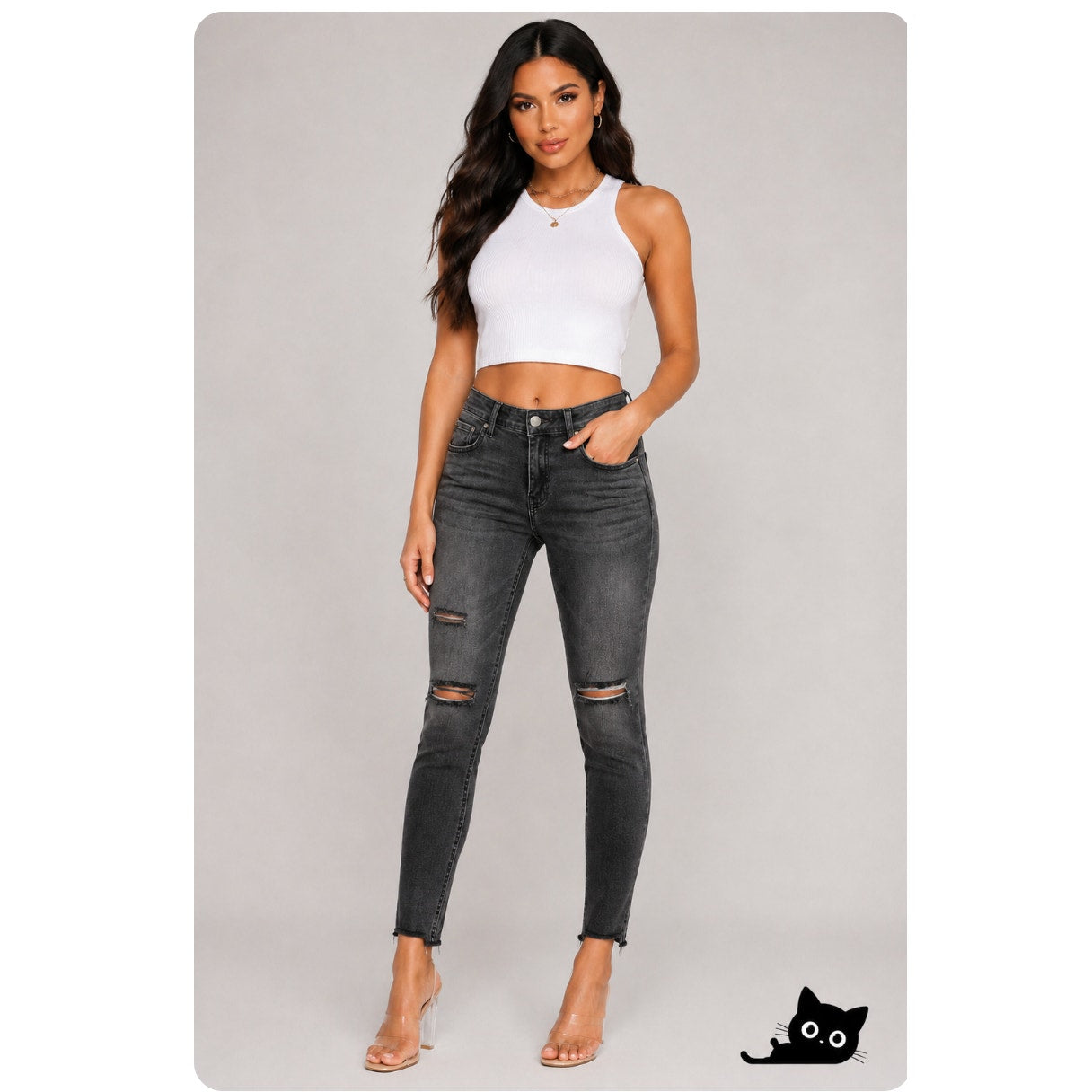 Fashion Nova Tinseltown Charcoal Gray Distressed Knees Raw Hem Skinny Jean 3