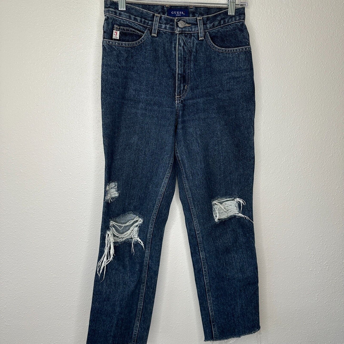 Guess Dark Blue Wash Distressed Slim Leg Raw Hem Denim Jeans 28