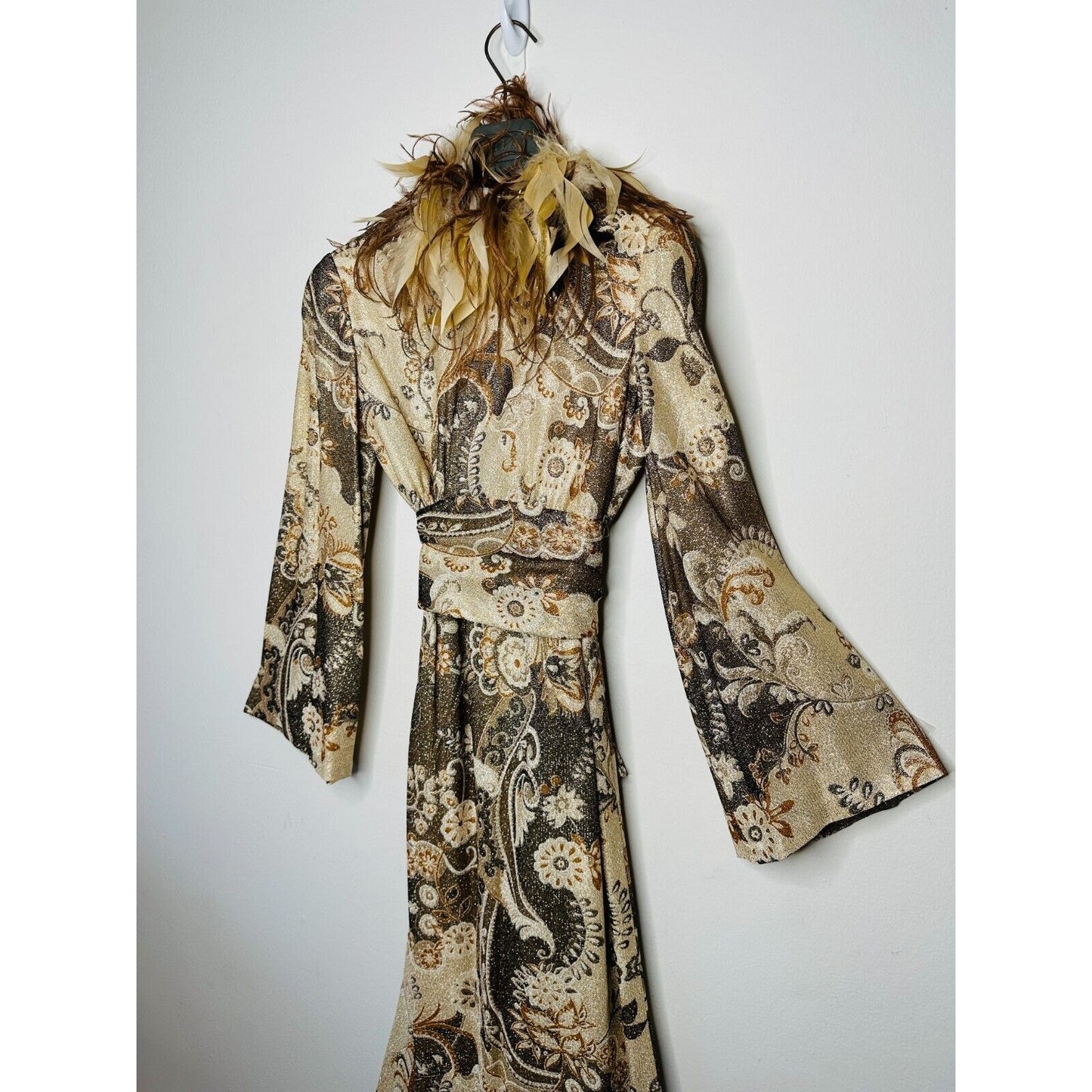 BILL BLASS Vintage 70s Couture Metallic Gold Lurex Knit Dress Ostrich Feather SM