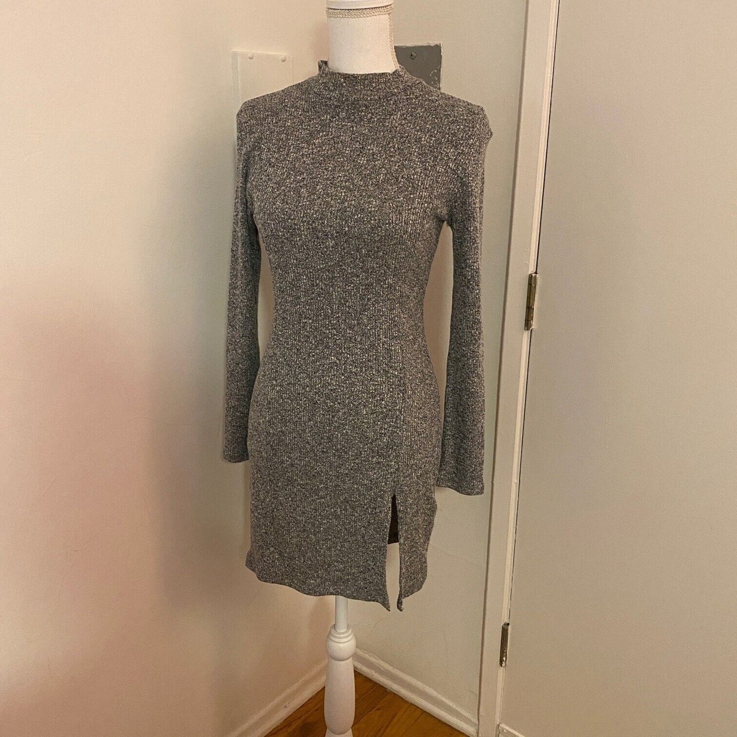 Better Be Marled Grey Knit Mock Neck Long Sleeve Split Front Bodycon Mini M