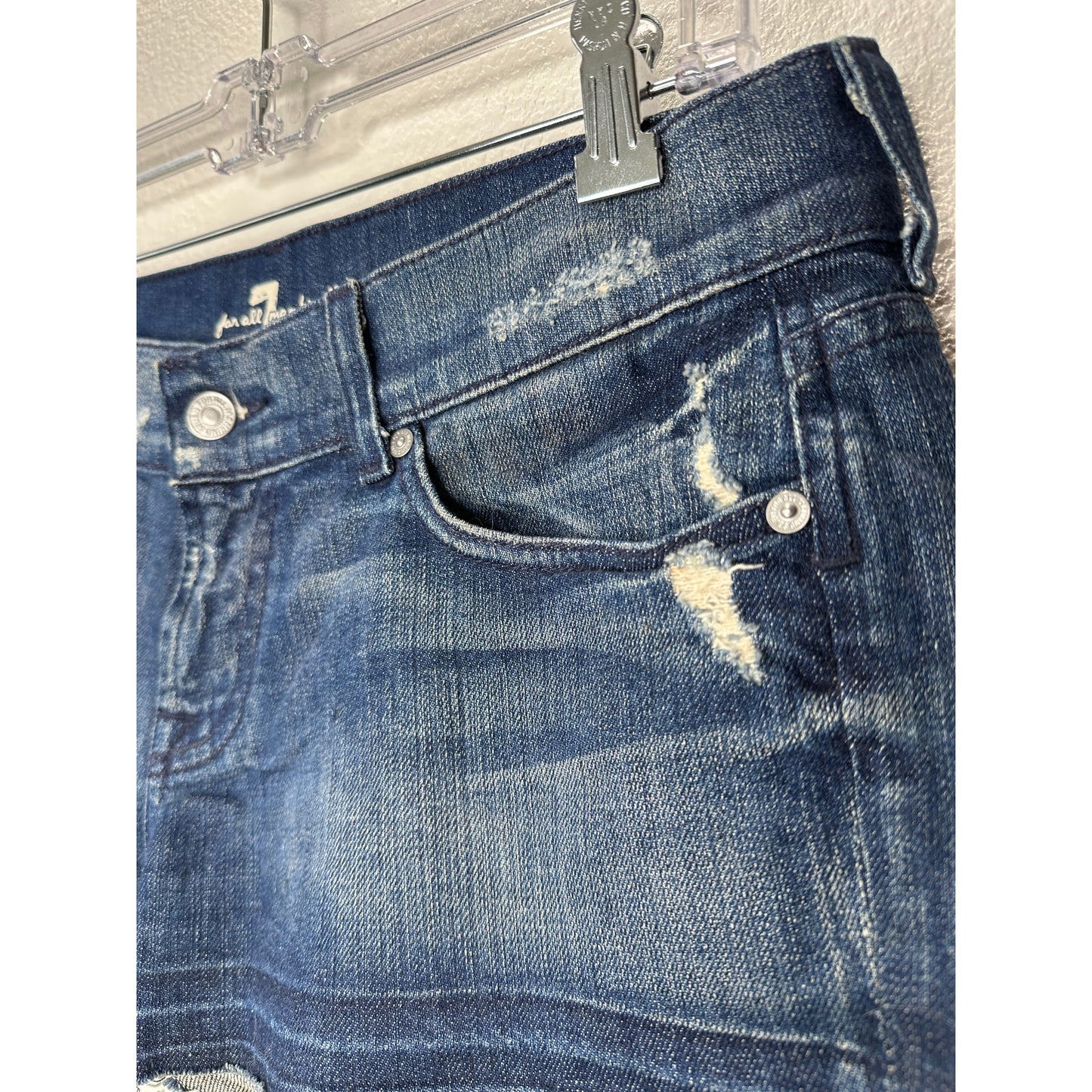 7 For All Mankind Dark Blue Distressed Low Rise Raw Hem Jean Shorts 29
