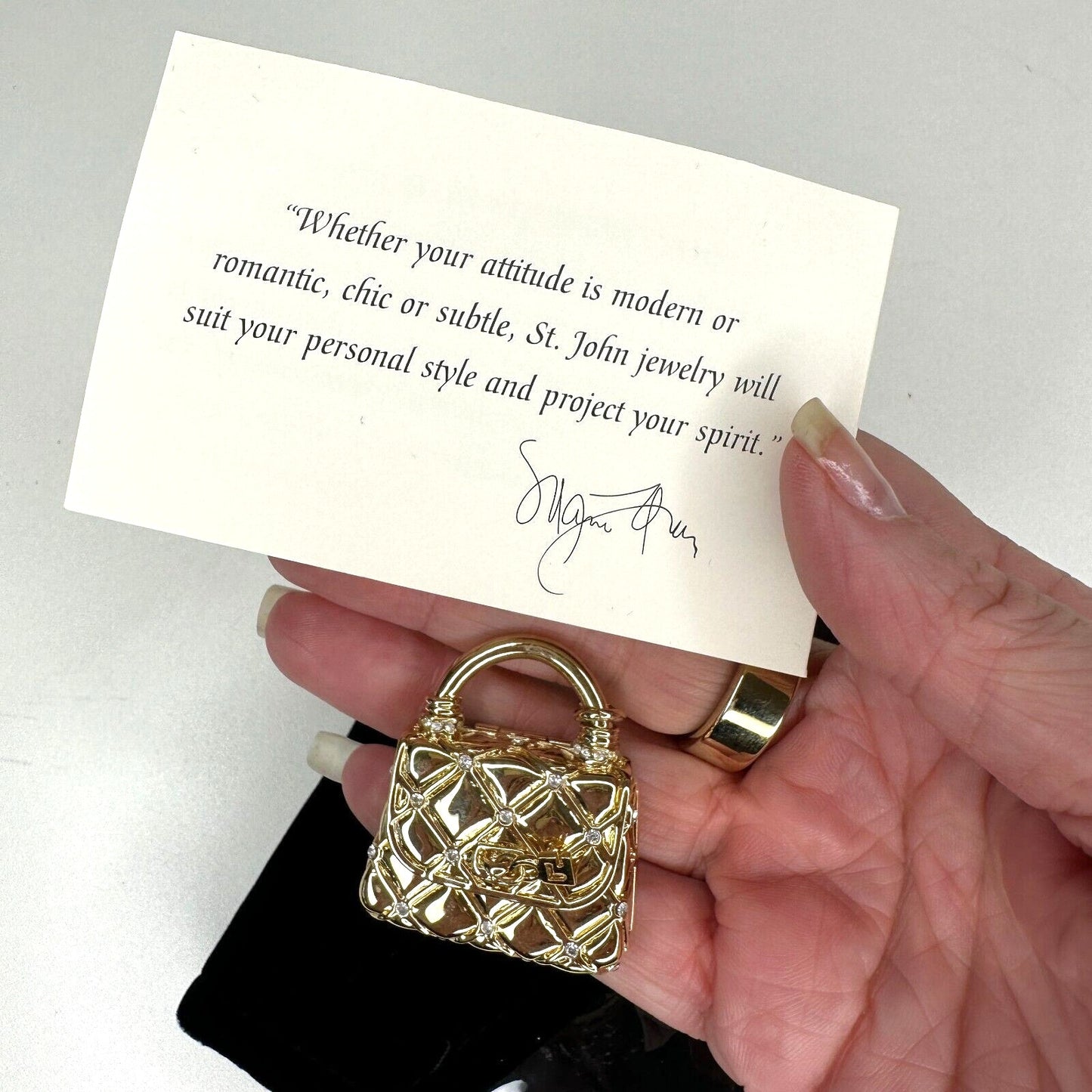 Vintage Chic St. John Gold Crystal Purse Keychain Fob Purse Opens With Pouch