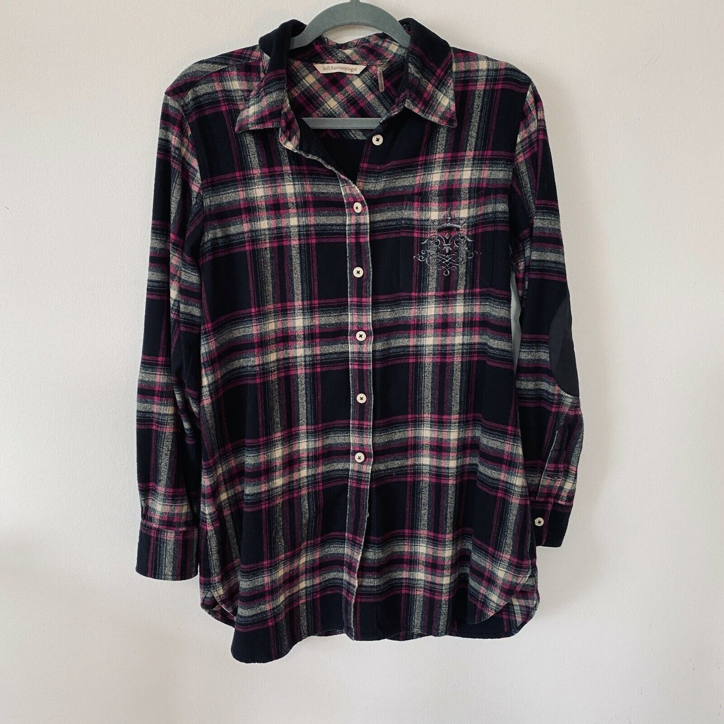 Soft Surroundings Magenta Black Plaid Button Elbow Patch Embroidered Pocket M