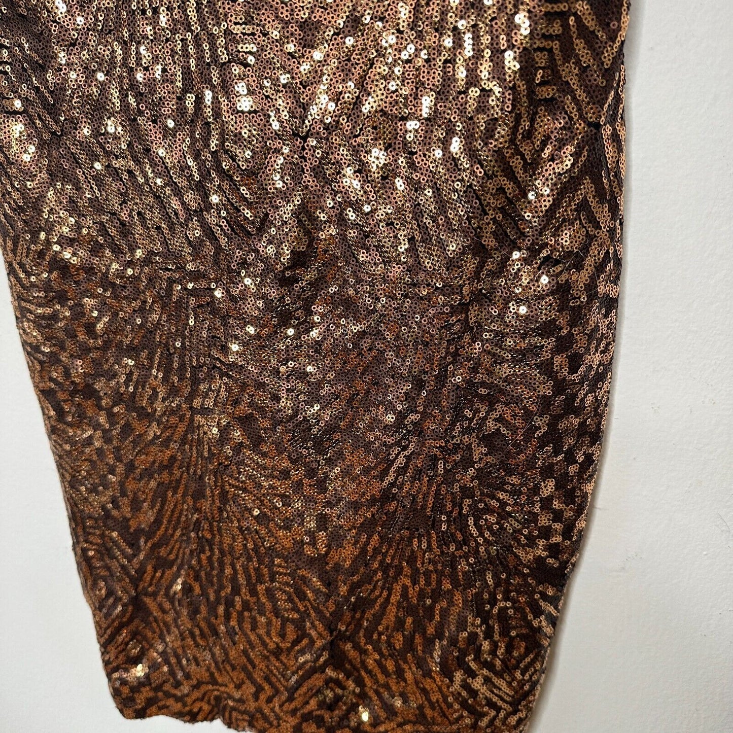 Bebe Copper Bronze Metallic Sequin Strappy Mini Dress Criss Cross Back Zip M