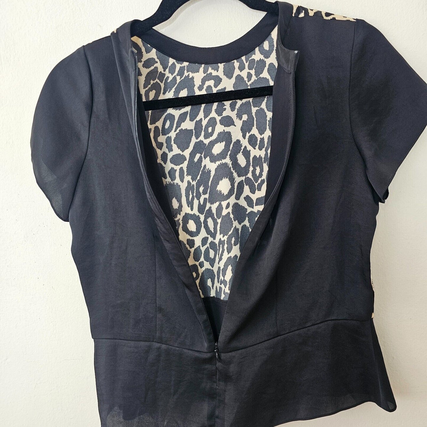 ASV Asava Black & Cheetah Print Satin Short Sleeve Back Zip Peplum Blouse 8