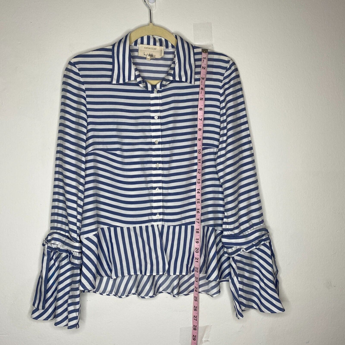 Artelier Blue and White Stripe Collar Button Down Bell Tie Sleeve Blouse XS