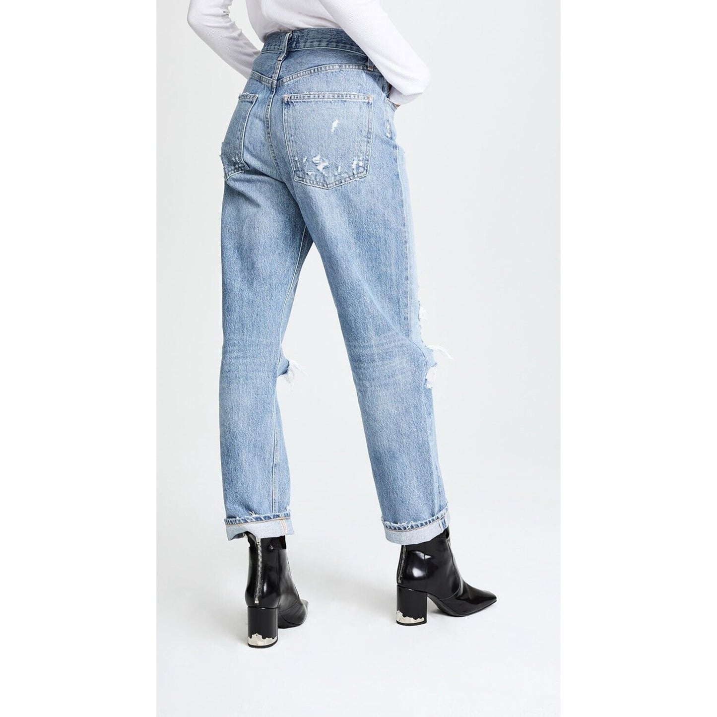 Agolde 90s Medium Wash Mid Rise Button Fly Straight Loose Distressed Jeans 24