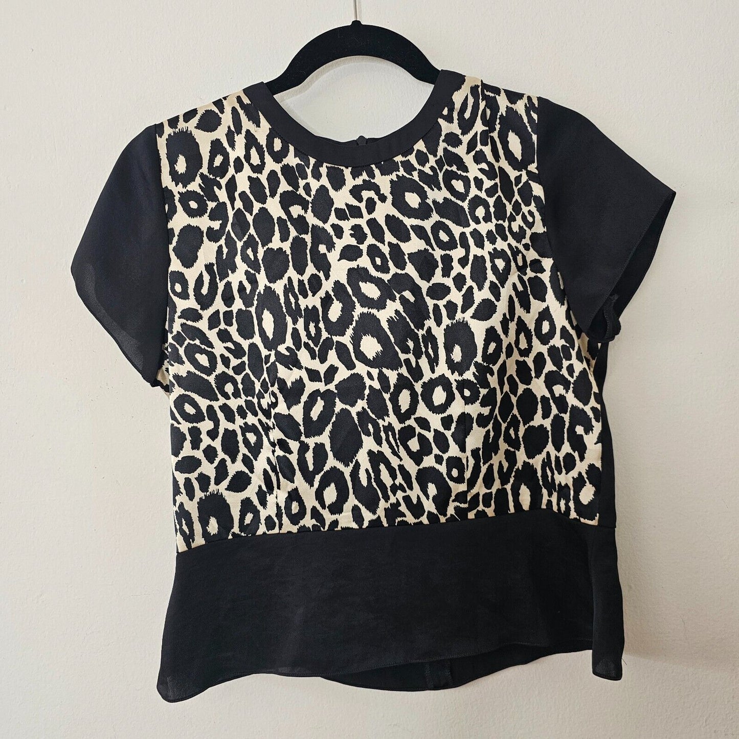 ASV Asava Black & Cheetah Print Satin Short Sleeve Back Zip Peplum Blouse 8