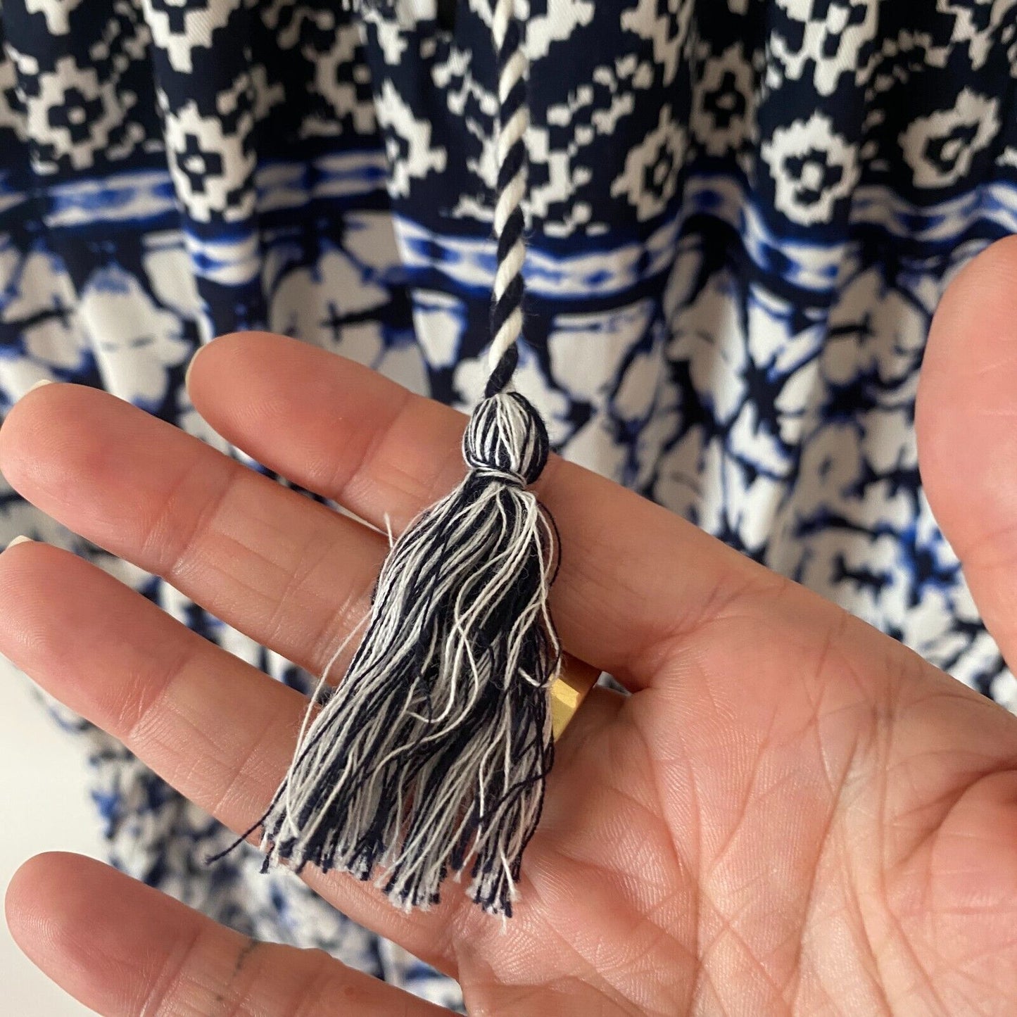 BB Dakota Beale Blue White Aztec Tie Dye Halter Tassel Tie Romper Pockets Small
