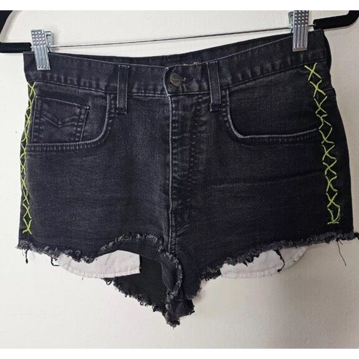 Vans Jesse Jo Black Distressed Raw Hem High Waist Short Lime-Green Side Stitch 9