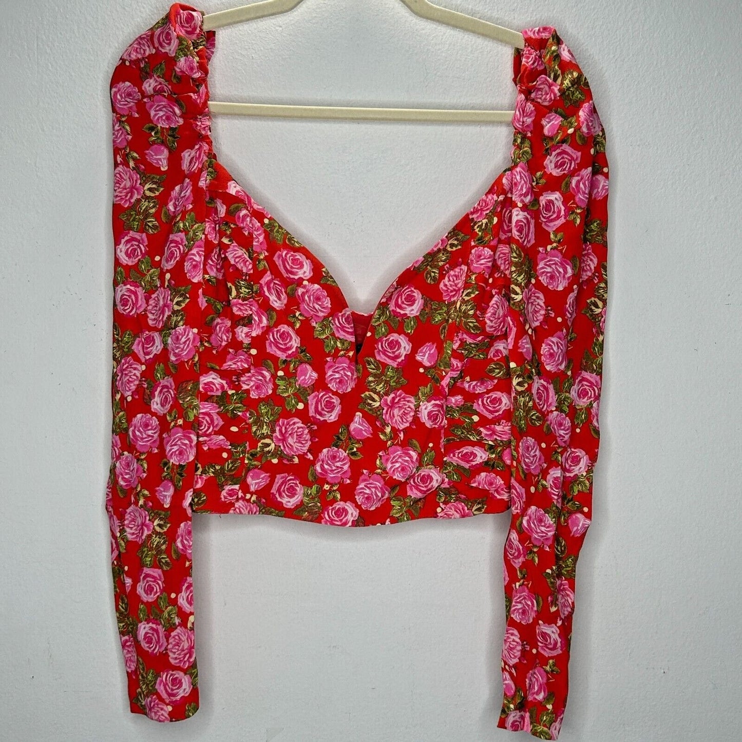 Zara Red & Pink Floral Print Long Puff Sleeve Side Zip Ruche Waist Crop Top L