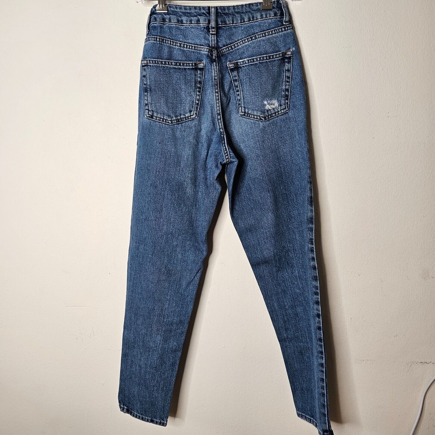 Topshop Medium Blue Wash Moto Mom Jeans 5-Pocket Distressed Straight Leg 25