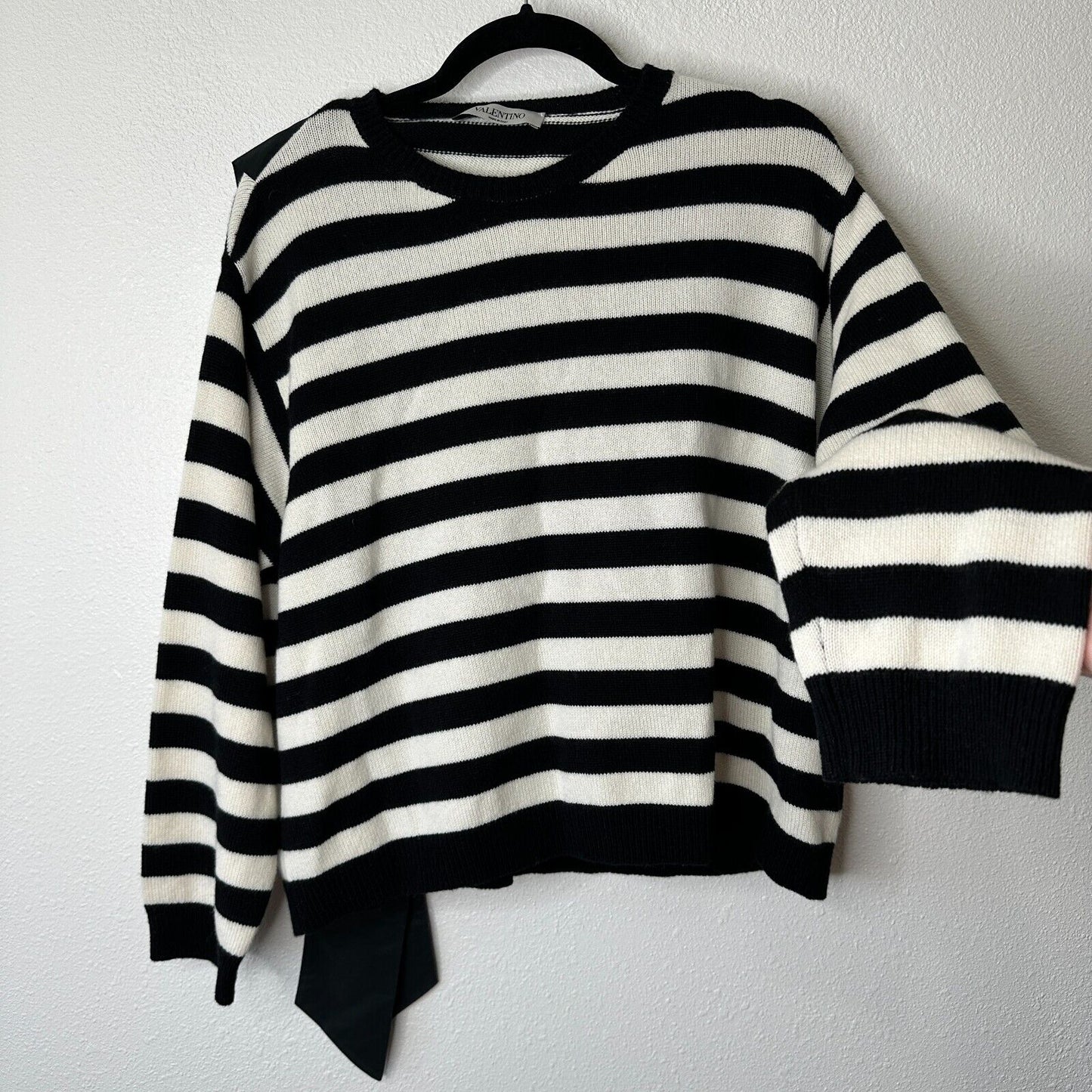 Valentino Off White & Black Horizontal Stripe Open Back Satin Shoulder Tie Top L