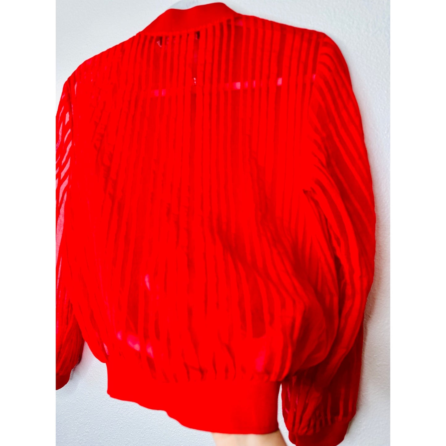 Zara Red Organza Sheer Striped Bomber Jacket Front Zip XS