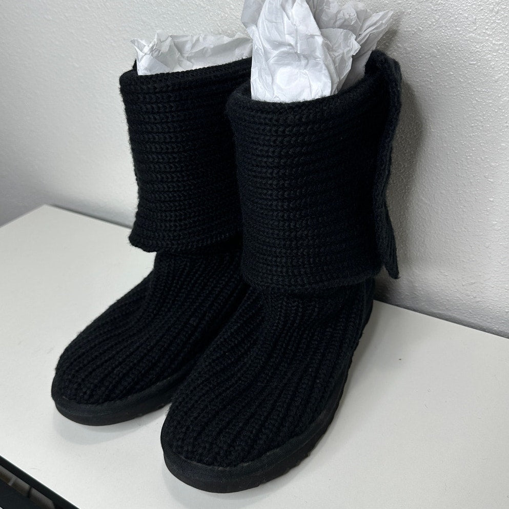 Ugg Black Cardy Classic Knitted Sweater Tall Foldover Button Boot 7