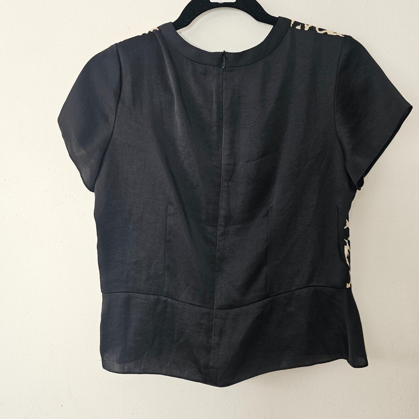 ASV Asava Black & Cheetah Print Satin Short Sleeve Back Zip Peplum Blouse 8