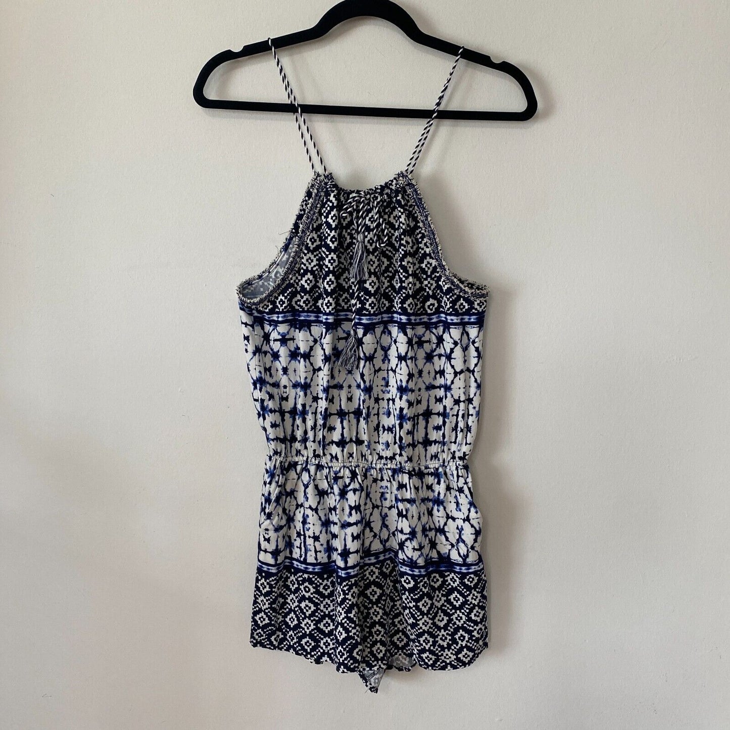 BB Dakota Beale Blue White Aztec Tie Dye Halter Tassel Tie Romper Pockets Small