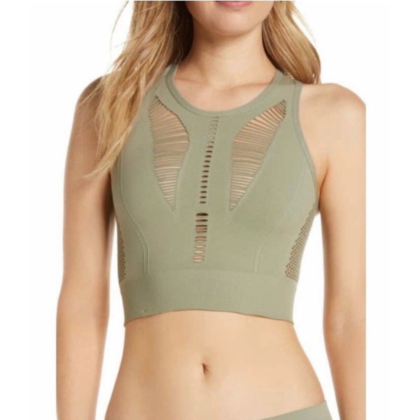 Zella Body Natura Longline Sports Bra Front Back Cutaway Green Vetiver Large