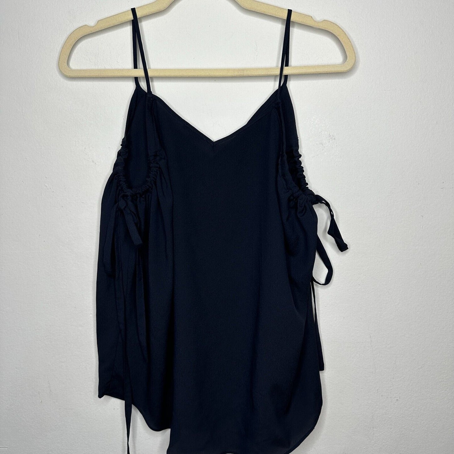 Fora Black Spaghetti Strap V-Neck Cami Ruche & Tie Under Arms Flowy Tank Top S