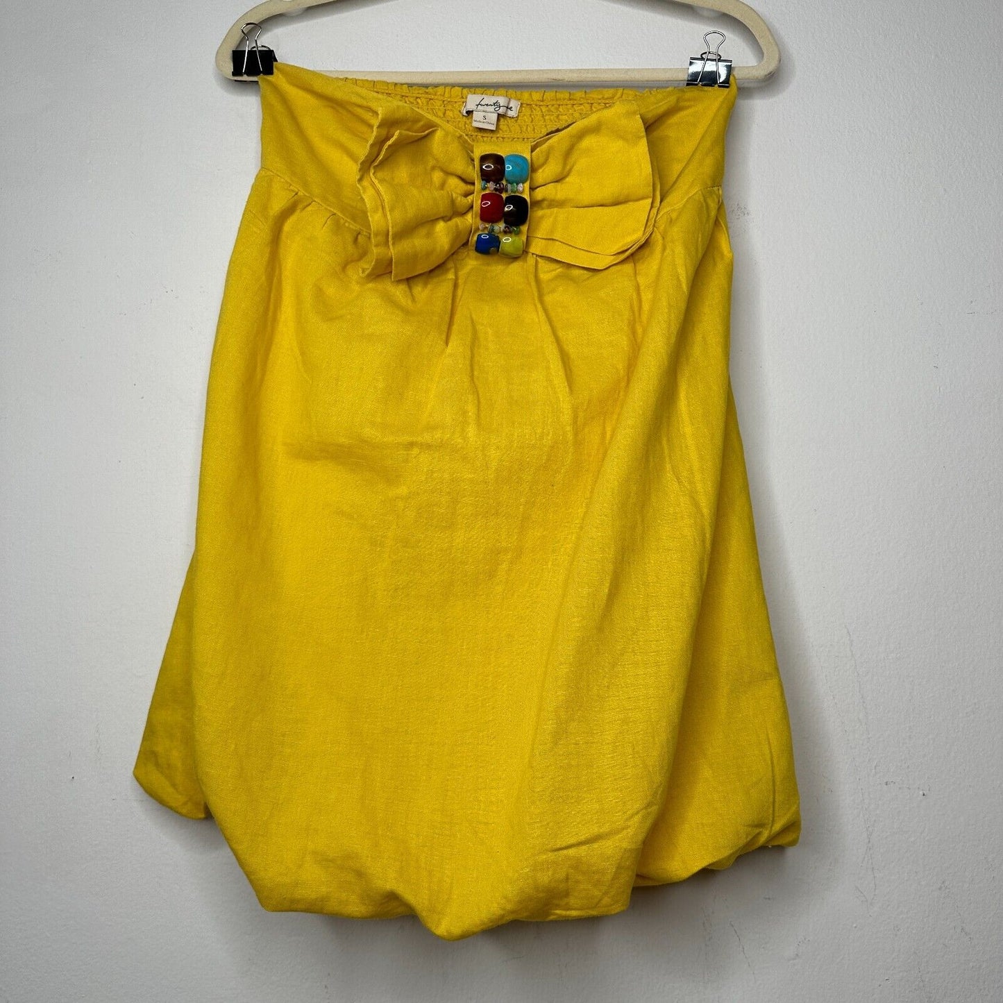 Yellow Linen Sleeveless Blouson Blouse Mini Dress Bead Bow Tie Front S