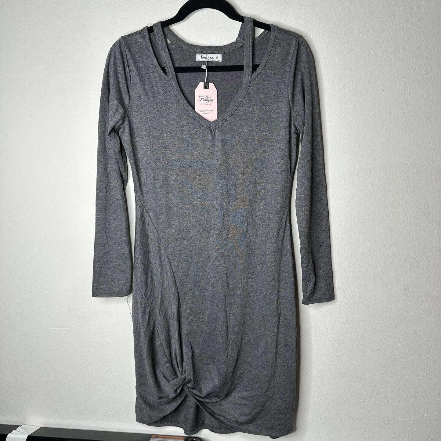 NWT Berryou Gray Cold-Shoulder Long Sleeve Front Tie Hem Knit Mini Dress Medium