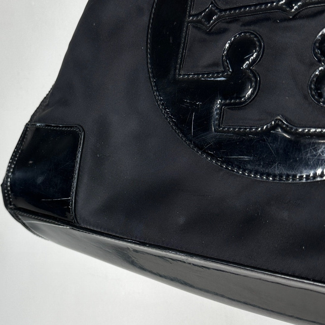 Tory Burch Black Canvas & Patent Leather Tote Bag 11 x 17