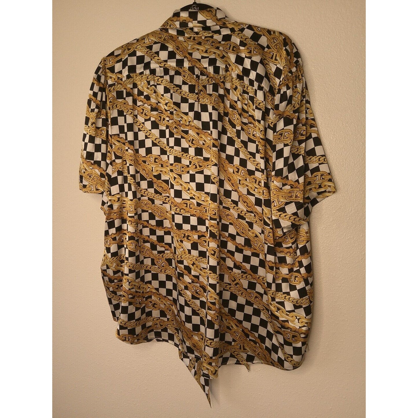 Balenciaga Black White Gold Checked Chain Print Short Sleeve Tie Neck Blouse 40