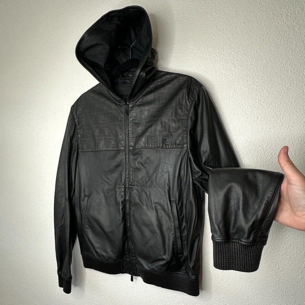 Fendi Black Soft Leather Fendi Embossed Monogram Front Long Sleeve Hooded Jacket