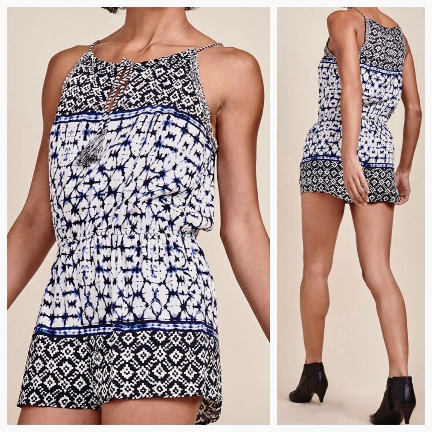BB Dakota Beale Blue White Aztec Tie Dye Halter Tassel Tie Romper Pockets Small