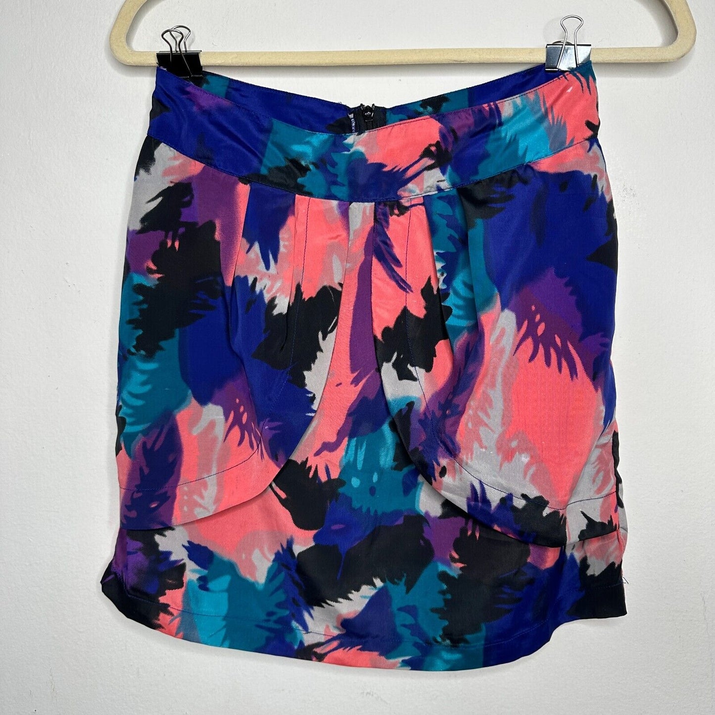 Delicia Satin Purple Pink Blue Geometric Light Side Tulip Zip Back Skirt S