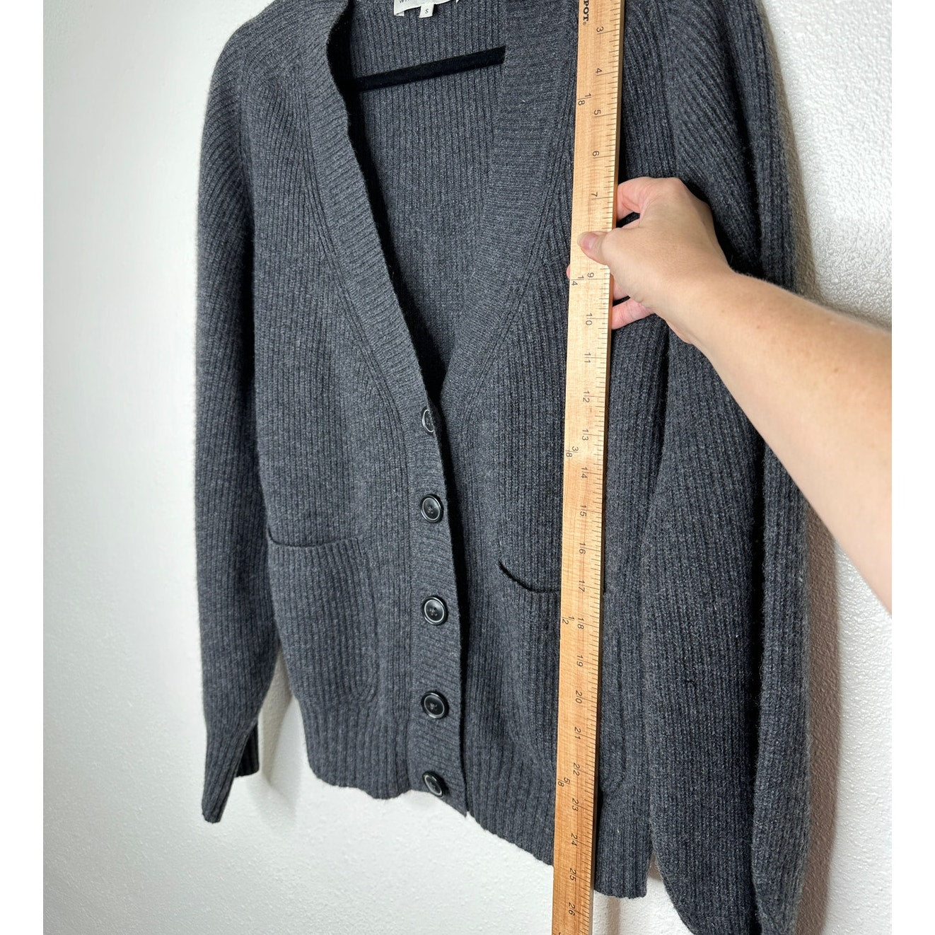 White + Warren Gray Recycled Cashmere Ribbed Button Boyfriend Cardigan S