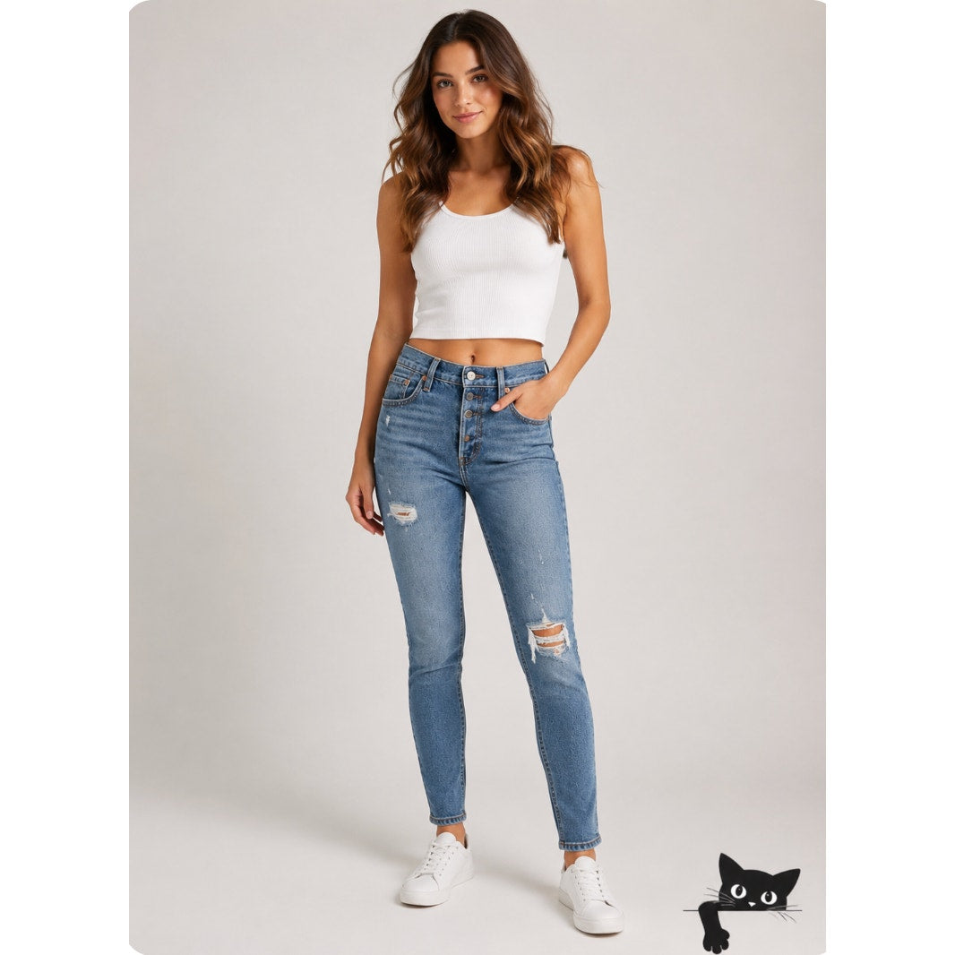 NWT Lee 501 Skinny High Rise Non Stretch Med Wash Distressed Button Fly Jean 29