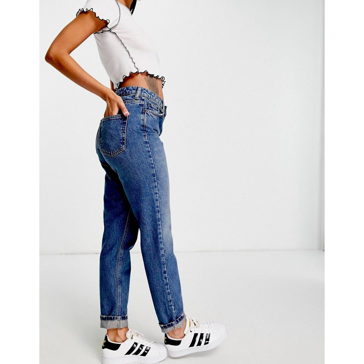 Topshop Medium Blue Wash Moto Mom Jeans 5-Pocket Distressed Straight Leg 25