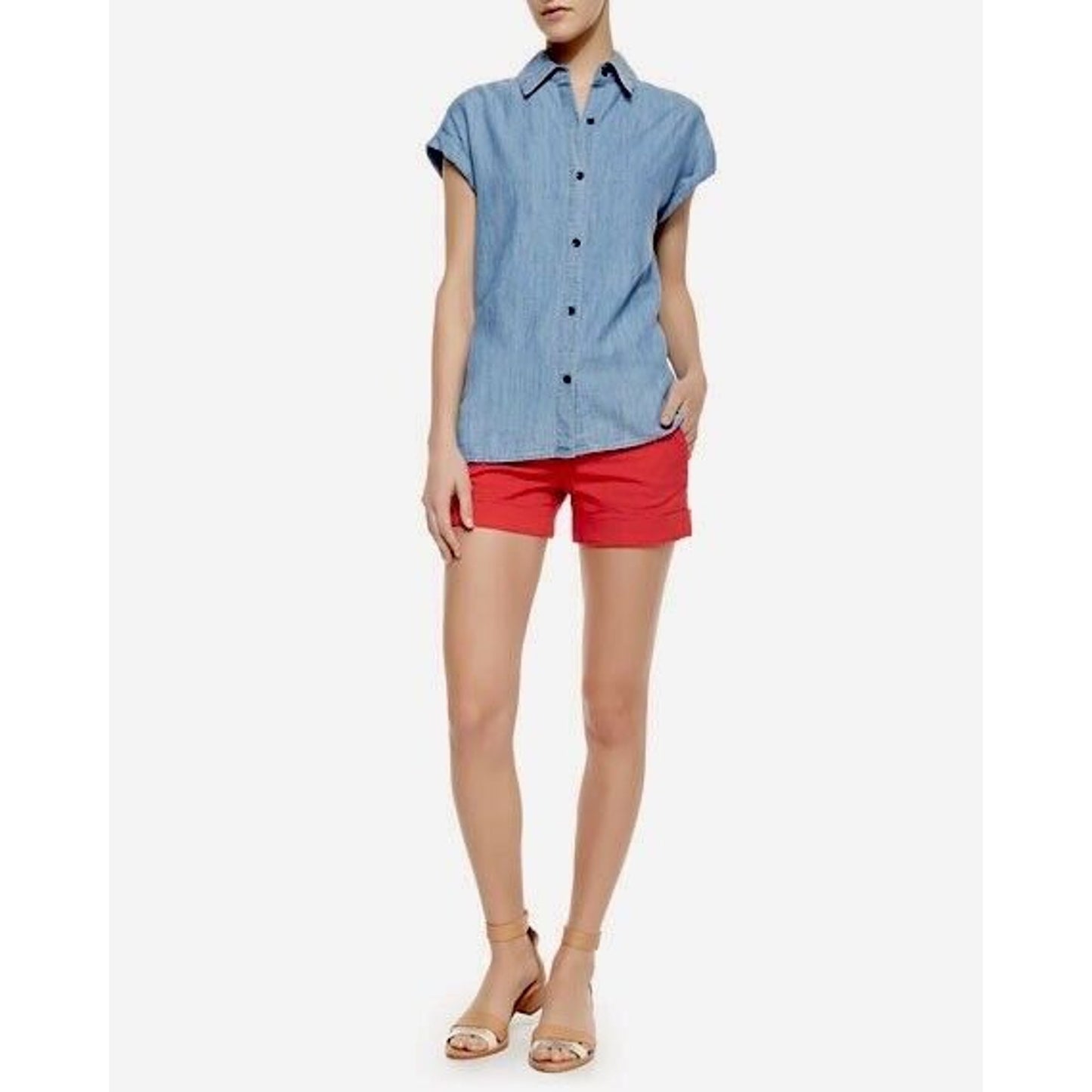 Alice & Olivia Poppy Classic Cady Cuffed Twill Shorts Mid Rise Slash Pockets Med