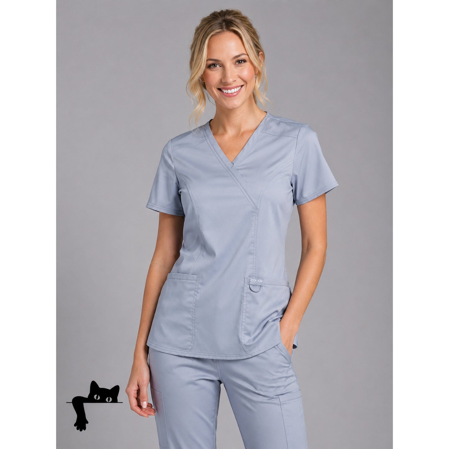 Cherokee Workwear Revolution Gray-Blue Mock Wrap V-Neck Patch Pockets Scrub Top