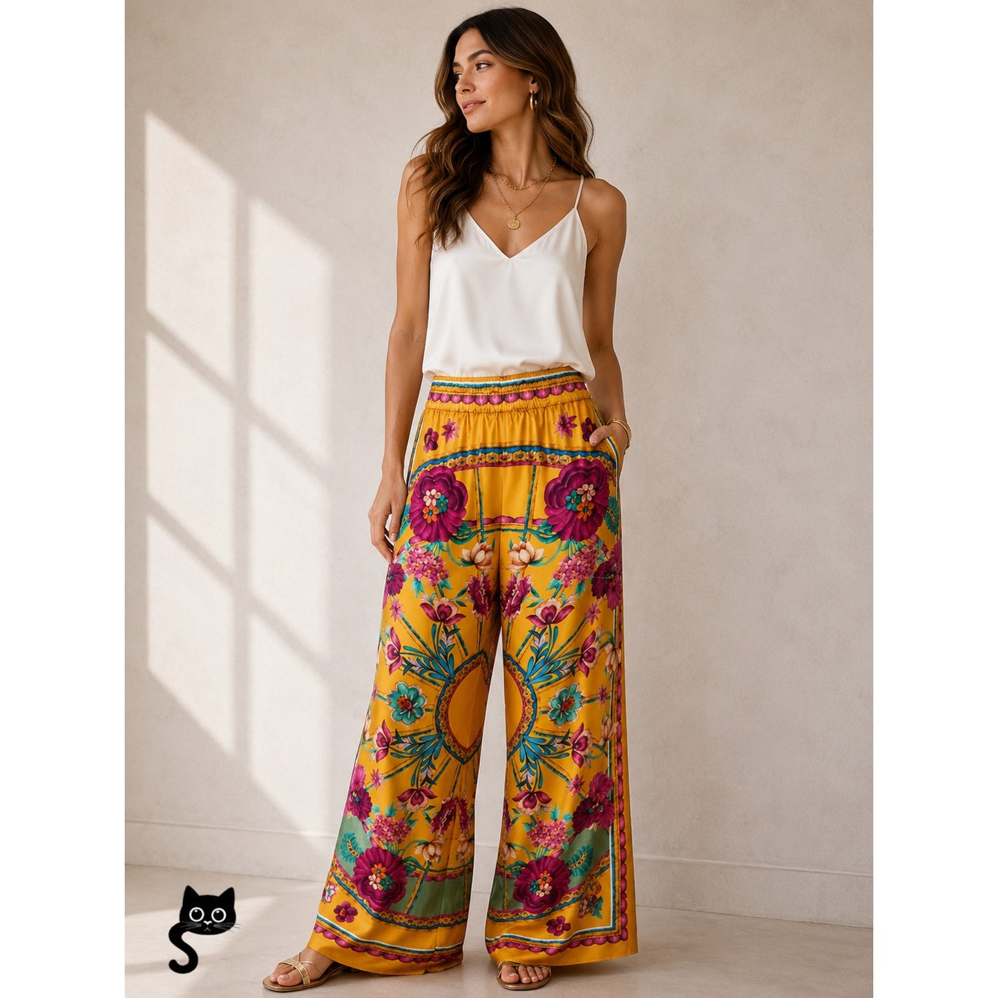 La DoubleJ Yellow Multi-Color Printed Silk Pull-on Palazzo Pant XL