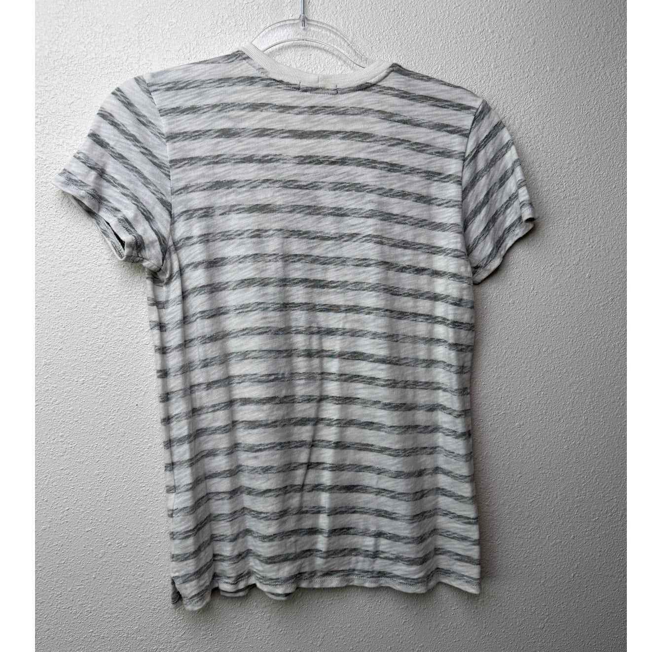 ATM Cream and Green Gray Striped Round Neck Short Sleeve T-shirt