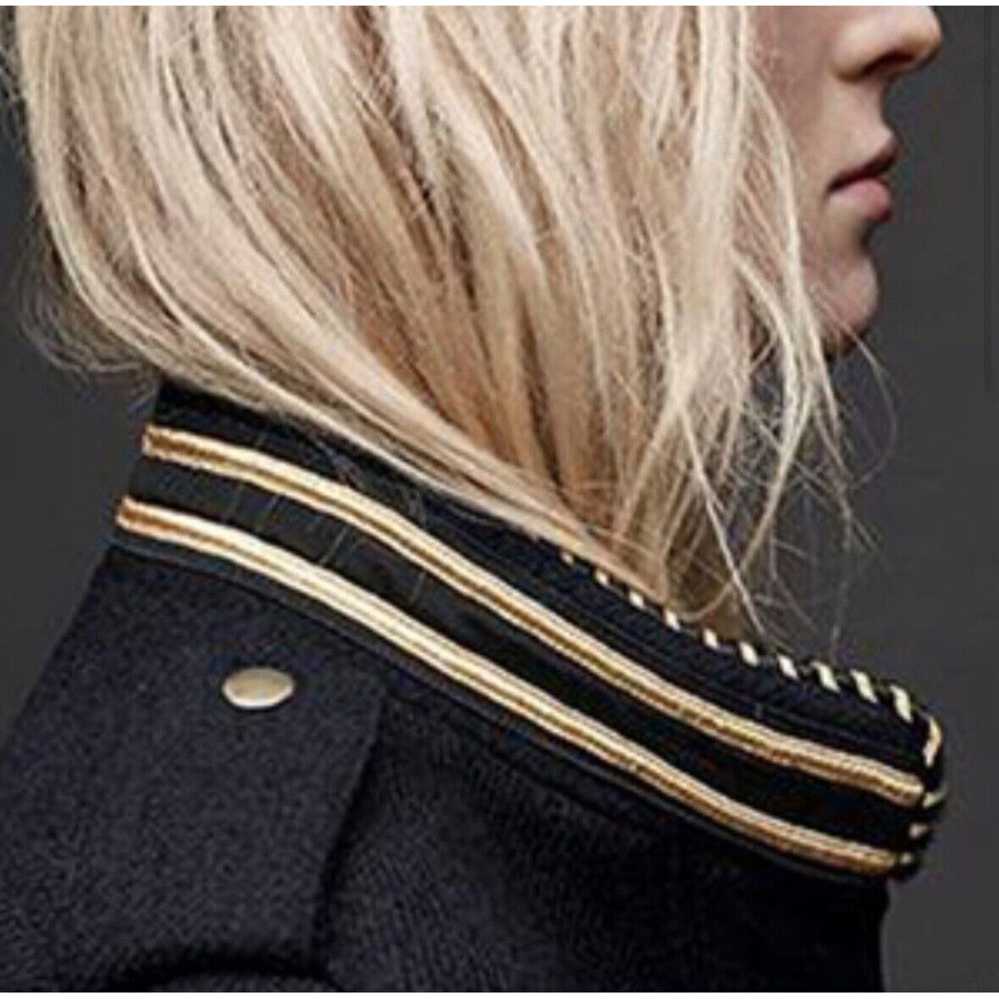 Zadig & Voltaire Wool Jacket Navy Gold Stand Collar Flap Pocket Zip Up Bomber SM
