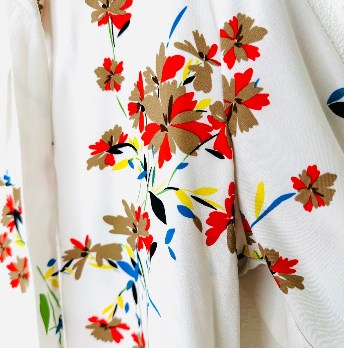 Off White Red Brown Blue Floral Long Sleeve Tie Neck Blouse Top L
