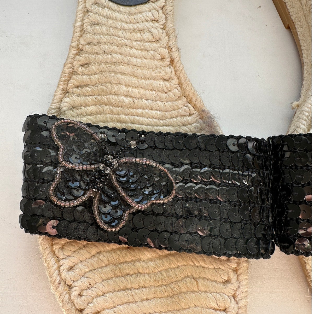 Rafe New York Black Sequin Butterfly Espadrille Slide Sandal Shoes 38 / 7.5