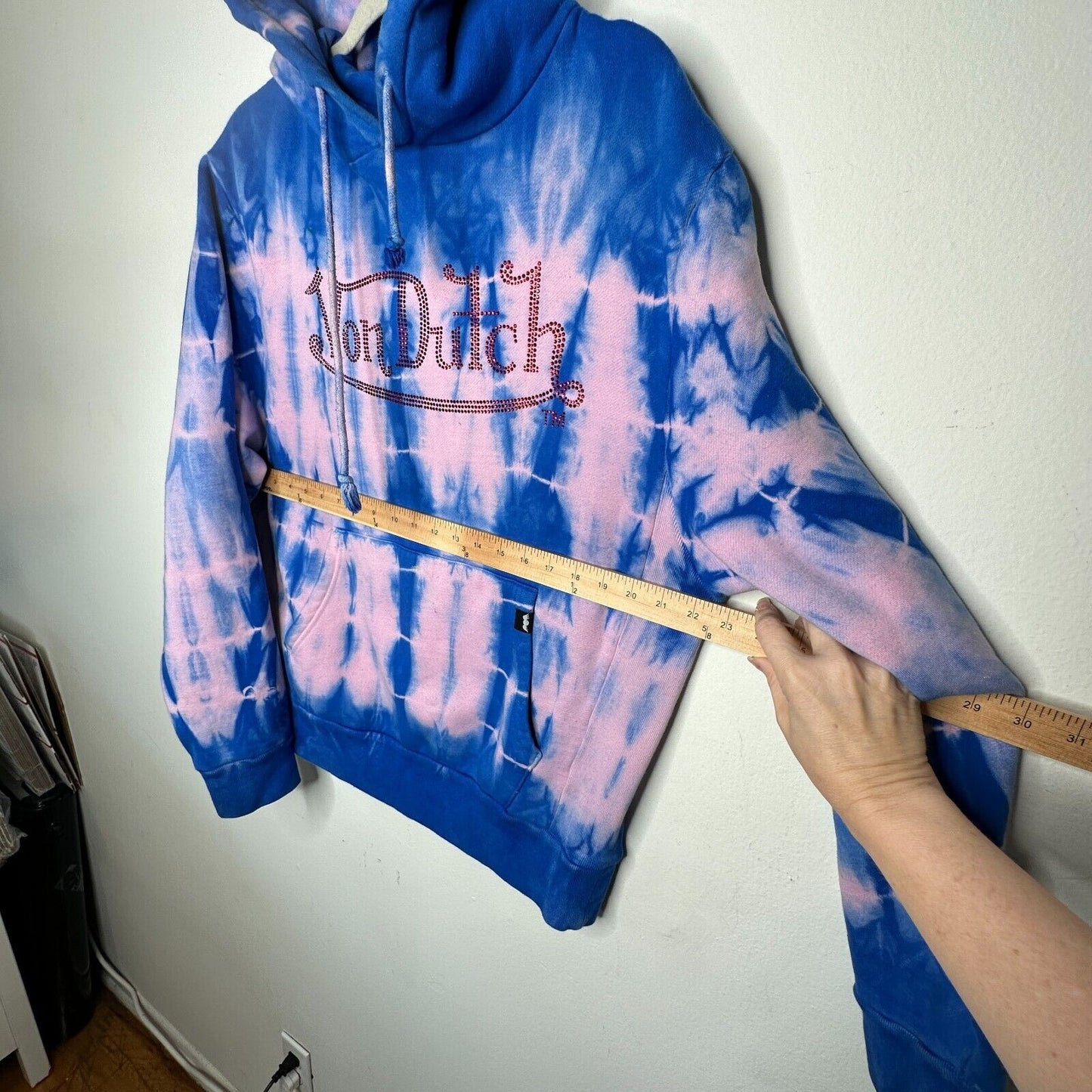 Von Dutch SET Blue Pink Tie Dye Red Rhinestone Logo Oversize Hoodie & Pants