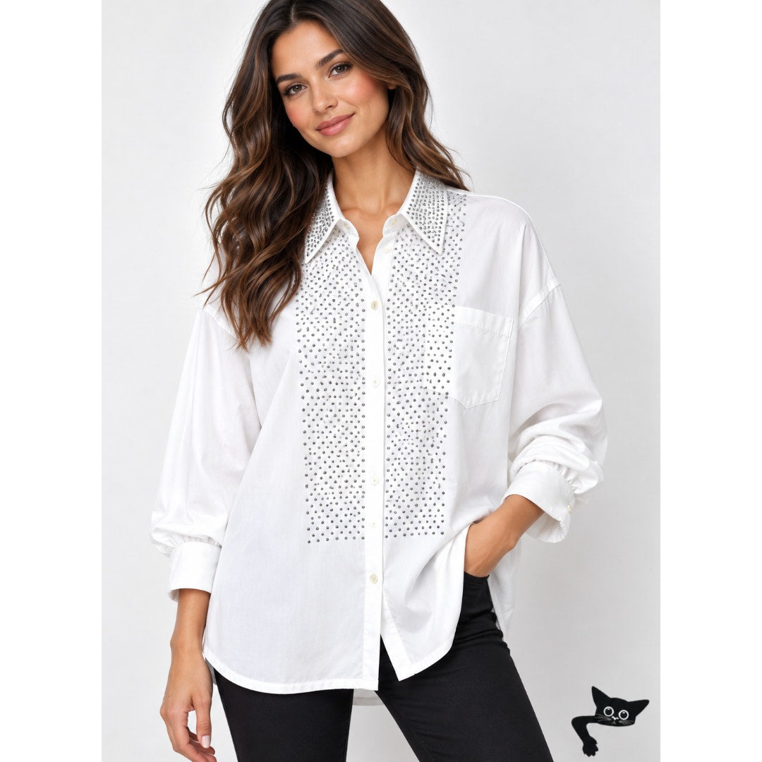 Prada White Long Sleeve Front Button Rhinestone Encrusted Collar & Front Shirt