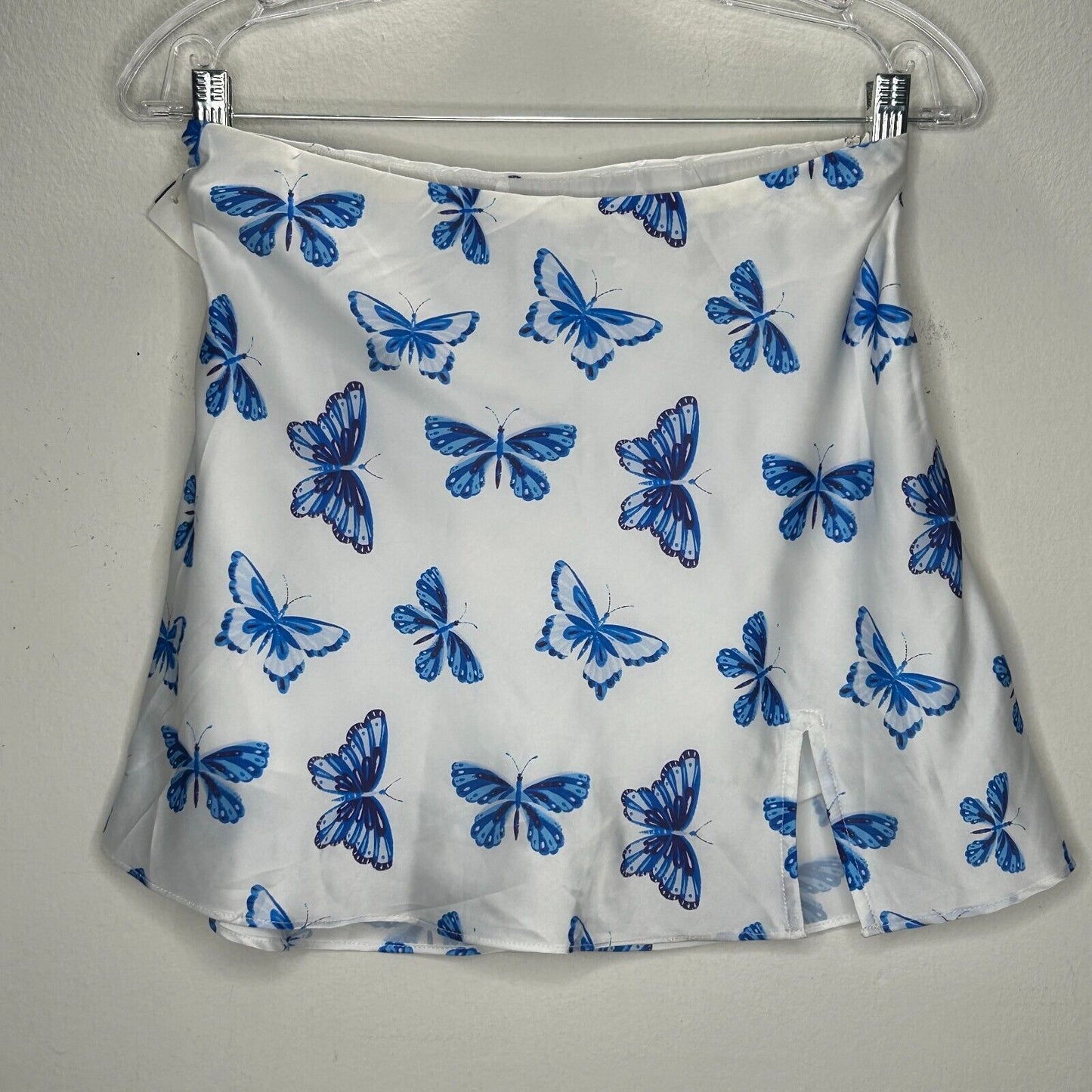NWT Satin White & Blue Butterfly Print 2-Piece Set Crop Top & Mini Skirt