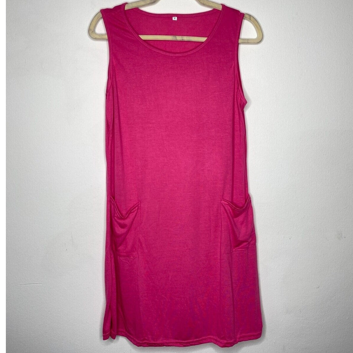 Sleeveless Hot Pink Stretch Knit Tank Mini Dress Scoop Neck Front Patch Pocket M