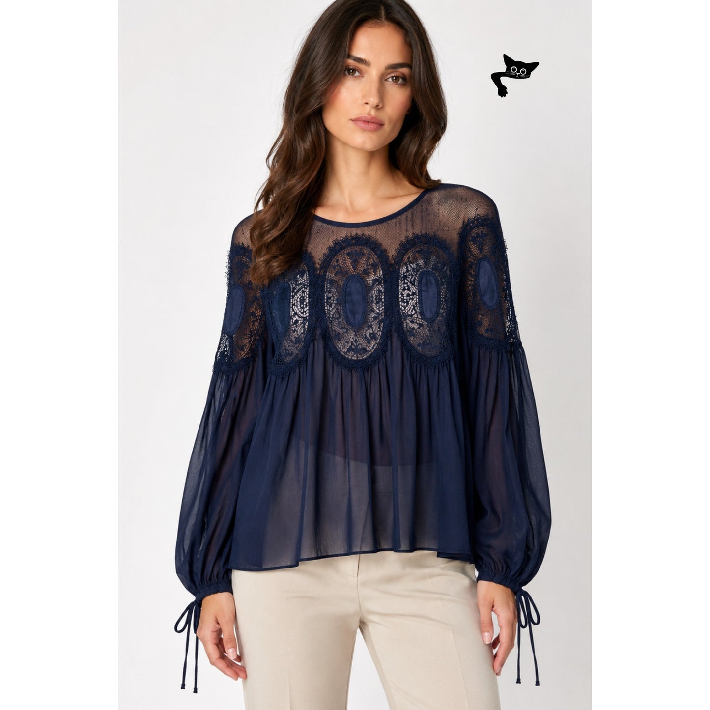 Chloe Womens Navy Lace Mesh Babydoll Blouse US 6